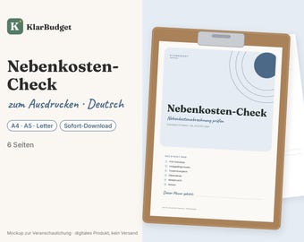 Może przedstawiać: Cyfrowy dokument zatytułowany Nebenkosten-Check na brązowej podkładce z klipsem. Dokument zawiera niebieską grafikę koła, listę kontrolną oraz tekst, w tym KlarBudget, Nebenkosten-Check i Nebenkostenabrechnung prüfen. Formaty A4, A5 i Letter.