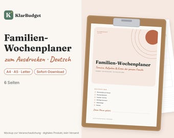 Może przedstawiać: Brązowa podkładka z klipsem trzymająca dokument do druku z rodzinnym planerem tygodniowym z tekstem Familien-Wochenplaner, zawierająca minimalistyczny projekt graficzny z kołem w kolorze rdzy i liniami na jasnobeżowym tle.