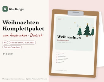 May include: A brown clipboard holding a document titled Weihnachten Das Komplettpaket, featuring illustrations of three green Christmas trees, stars, and a snowflake. The text includes KlarBudget, A4, 4 von 6 am PC ausfüllbar, Sofort-Download, and 44 Seiten.