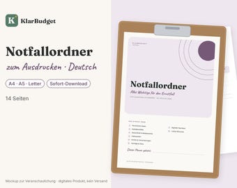 Może przedstawiać: Brązowa podkładka z klipsem trzymająca 14-stronicowy cyfrowy segregator awaryjny zatytułowany Notfallordner. Dokument posiada jasnofioletową okładkę z ciemnofioletowym kołem i koncentrycznymi liniami, wymieniając sekcje dotyczące danych osobowych.