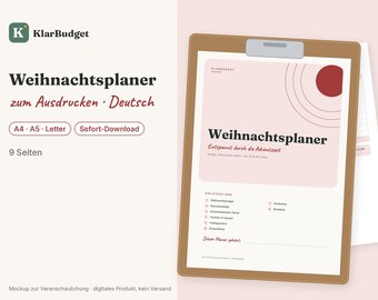 Może przedstawiać: Brązowa podkładka z klipsem trzymająca dokument planera świątecznego do druku zatytułowany "Weihnachtsplaner" z grafiką czerwonego koła. Strona zawiera tekst w języku niemieckim, listę dziewięciu sekcji oraz miejsce na wpisanie imienia.