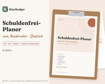 Może przedstawiać: Brązowa podkładka z klipsem trzymająca planer do druku zatytułowany Schuldenfrei-Planer. Dokument posiada minimalistyczny design z kółkiem w kolorze rdzy, tekstem w języku niemieckim oraz listą sekcji, w tym Schuldenübersicht i Motivation.