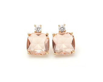 Light Peach Square Glass with Cubic Ear Post / 18k real gold plated / cubic zirconia / silver post/ champagne / 10mm x 12mm / SLPG142-E