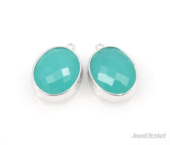 Mint Color and Silver Framed Glass Oval Pendent 2pcs Mint Glass