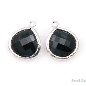 2pcs - Black Onyx and Silver Framed Glass Pendent / black / zet black / rhodium plated / glass / pendant / neckalce / 15x18mm / SBOS007-P