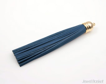 1pcs - Navy Color Genuine Leather Tassel with Gold Cap / leather / 16k gold plated / blue / gold cap / navy leather /12mm x 98mm / ENVG002-P