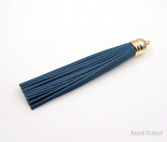 1pcs - Navy Color Genuine Leather Tassel with Gold Cap / leather / 16k gold plated / blue / gold cap / navy leather /12mm x 98mm / ENVG002-P