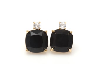 Black Onyx Square Glass with Cubic Ear Post / 18k real gold plated / cubic zirconia / silver post/ black / 10mm x 12mm / SBLG142-E