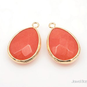 MARKDOWN - Amber Color and Gold Framed Gemstone Teardrop Pendent - 2pcs Amber Synthetic Stone Jewelry Pendant / 15mm x 23mm / SAMMG010-P