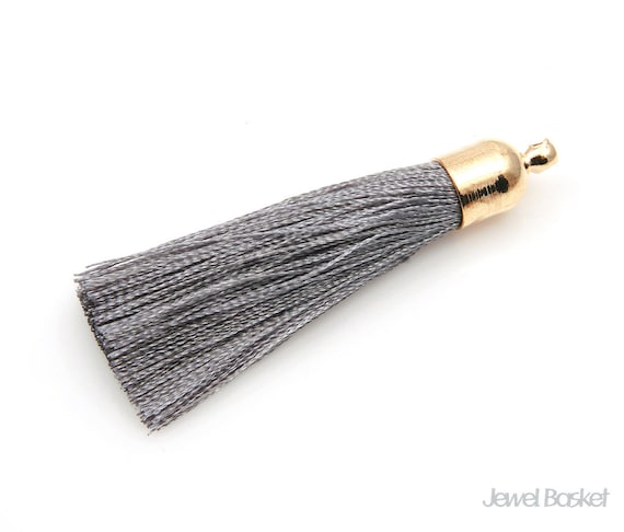 2pcs - Grey Thread Tassel with Gold Cap - Medium / grey / 16k gold plated / gold cap / tassel / cotton / thread /  8mm x 48mm / EGYG003-T