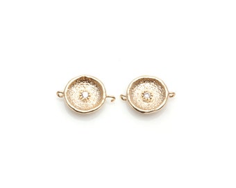 2pcs Matte Gold Round Cubic Connector Pendants: 16k Gold Plated Jewelry (13x10mm)