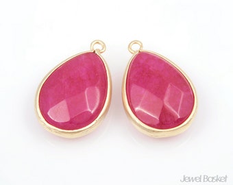 2pcs - Ruby Color and Matte Gold Framed Stone Teardrop Pendent / ruby / red / fuchsia / 16k gold plated / stone / 15 x 23mm / SREMG010-P