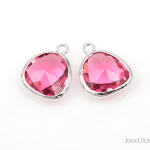 2pcs - Ruby Glass and Silver Framed Pendent / ruby / red / fuchsia / rhodium plated / glass / necklace / pendant / 13x16mm / SRES001-P