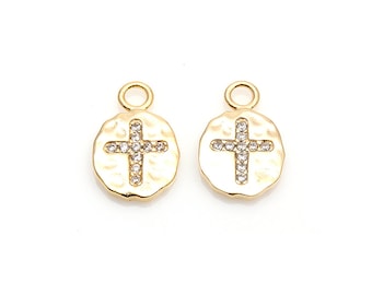 2pcs - Cubic Cross in Round Pendant / 16k gold plated / star pendant / necklace / earring / cubic zirconia / 10mm x 15mm / CG082-P