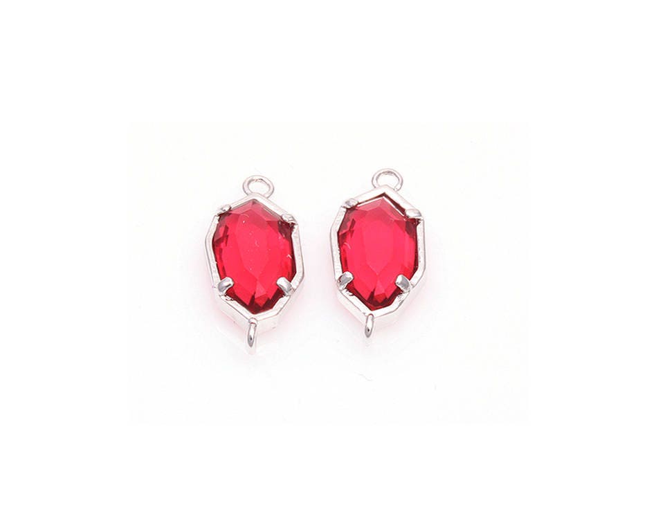2pcs - Ruby Color and Gold Framed Glass Connector / Ruby / Red