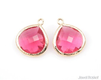 2pcs - Ruby Color Glass and Gold Framed Pendent / ruby / fuchsia / red / 16k gold plated / glass / earring / pendant / 15 x 18mm / SREG007-P