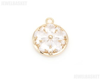 Round Cubic Flower in Gold / 18k gold plated / snowflake pendant / cubic zirconia / cubic pendant / 15mm x 18mm /BG485-P