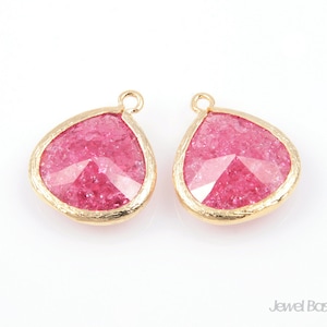 Ruby Glass and Gold Framed Pendent - 2pcs Ruby Glass Teardrop Pendant with Cracked Effect Inside / 15 x 18mm / SREG044-P