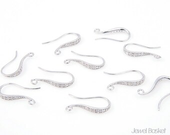 4pcs - Silver Earhook with Cubic / rhodium plated / cubic zirconia / sterling silver ear post / cubic earring / 9mm x 18mm / PS011-E