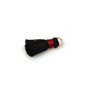 6st - Mini zwart en rood tweekleurig draadkwastje met ring / rood / zwart / ringkwastje / katoenen kwastje / 4mm x 18mm / EBR012-T