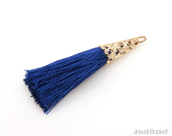 2pcs - Navy Thread Tassel with Gold Cap / blue / navy / 16k gold plated / gold cap / cotton / yarn / tassel / 11mm x 43mm / ENVG005-T