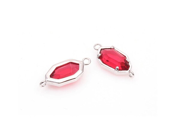 2pcs - Ruby Color and Gold Framed Glass Connector / Ruby / Red