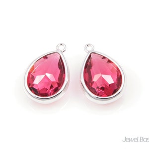 Ruby Color Glass and Silver Framed Teardrop Pendent / 10.5mm x 16mm / SRES028-P (2pcs)