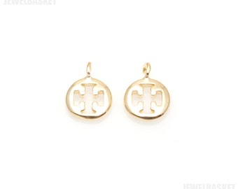 Small Cross Chrms in Gold / 18k gold plated / round cross / brass pendant / metal cross / 6mm x 8mm /BG490-P