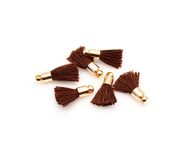 6pcs Mini Brown Thread Tassel with Gold Cap gold plated cap cotton tassel brown 3mm x 15mm EBRG011-T