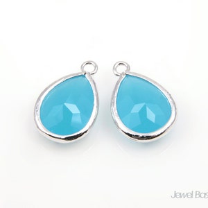 Ocean Blue Glass and Silver Framed Glass Teardrop Pendant - 2pcs Ocean Blue Glass Teardrop Pendant / 11.5 x 17mm / SOBS013-P