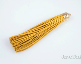 1pcs - Yellow Color Genuine Leather Tassel with Gold Cap / yellow / 16k gold plated cap / leather tassel / 12mm x 98mm / EYEG002-P
