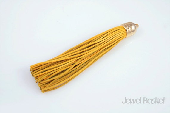1pcs - Yellow Color Genuine Leather Tassel with Gold Cap / yellow / 16k gold plated cap / leather tassel / 12mm x 98mm / EYEG002-P