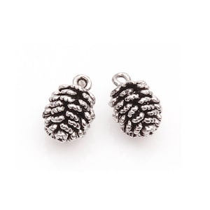 May include: Two silver-toned pine cone charms with a loop at the top for attaching to jewelry or crafts.