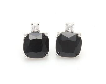 Black Onyx Square Glass with Cubic Ear Post in Rhodium / rhodium plated / cubic zirconia / silver post/ black / 10mm x 12mm / SBOS142-E