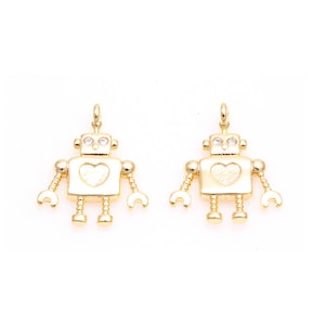 2pcs - Robot with Cubic Eye Charm in Gold / cubic zirconia / robot pendant / 16k gold plated / 11mm x 16.2mm / CG071-P