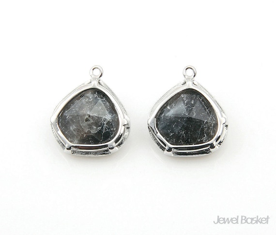 Black Labradorite Stone and Rhodium Frame Pendant / 13.0mm X 15.0