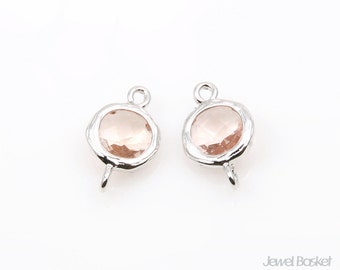 2pcs - Light Peach Color Glass and Silver Framed Round Connector / 7.5mm x 12mm / SLPS033-C