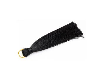 2pcs - Black Thread Tassel with Gold Ring - Large / Zet / 16k gold plated / gold ring / cotton / yarn / 10mm x 70mm / EBLG013-T