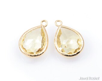 Jonquil Glass and Gold Framed Teardrop Pendent - 2pcs Jonquil Glass Pendants, Earrings Pendants / 11.5mm x 17mm / SJQG013-P