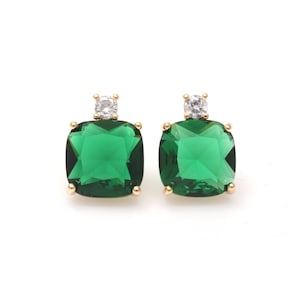 Emerald Square Glass with Cubic Ear Post / 18k real gold plated / cubic zirconia / silver post/ emerald / 10mm x 12mm / SEMG142-E