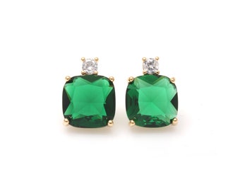 Emerald Square Glass with Cubic Ear Post / 18k real gold plated / cubic zirconia / silver post/ emerald / 10mm x 12mm / SEMG142-E