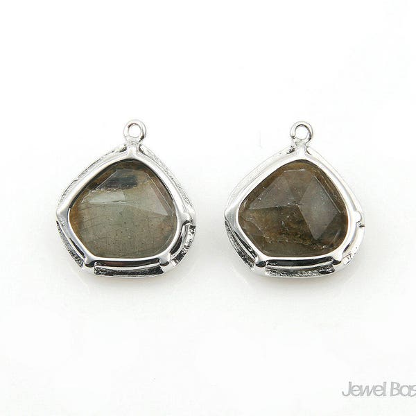 Labradorite Stone and Rhodium Frame Pendant / 13.0mm x 15.0mm / SLBS130-P (2pcs)