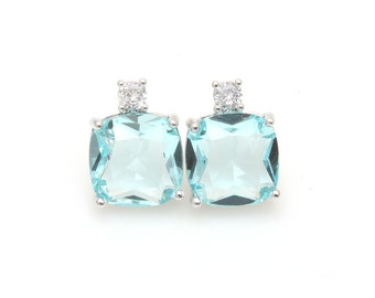 Aqua Square Glass with Cubic Ear Post in Rhodium / rhodium plated / cubic zirconia / silver post/ blue / 10mm x 12mm / SAQS142-E