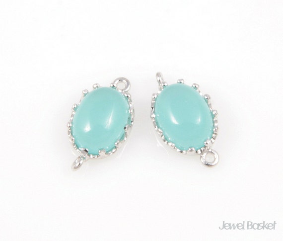 2pcs - Mint Color and Silver Framed Glass Oval Connector / 6.5mm x 13mm / SMTS025-C