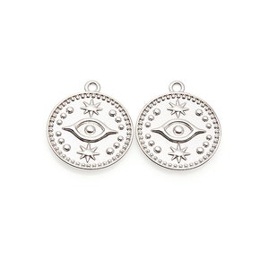 2pcs - Eye in Circle Pendant in Matte Rhodium / rhodium plated / eye pattern / round pendant / 16mm / BMS467-P