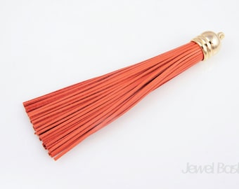1pcs - Orange Color Genuine Leather Tassel with Gold Cap / orange / 16k gold plated cap / orange leather / 12mm x 98mm / EORG002-P