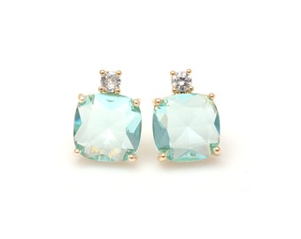 Aqua Square Glass with Cubic Ear Post / 18k real gold plated / cubic zirconia / silver post/ aqua / 10mm x 12mm / SAQG142-E