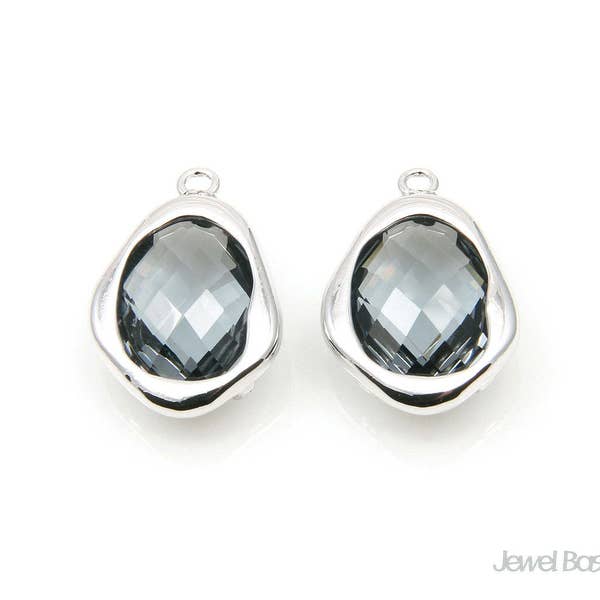 Gray Glass and Rhodium Teardrop Frame Pendant / Charcoal / 12.0mm x 18.0mm / SGES129-P (2pcs)