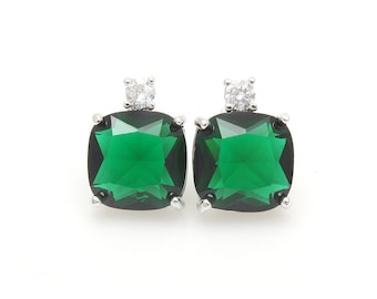 Emerald Square Glass with Cubic Ear Post in Rhodium / rhodium plated / cubic zirconia / silver post/ green / 10mm x 12mm / SEMS142-E