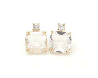 Crystal Square Glass with Cubic Ear Post / 18k real gold plated / cubic zirconia / silver post/ clear / 10mm x 12mm / SCRG142-E